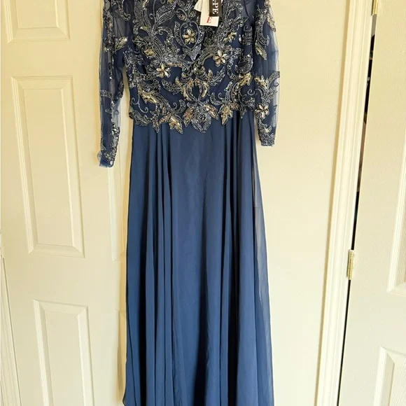 Xscape | Dresses | Xscape Blue Maxi Dress With Silver Embroidery | Poshmark